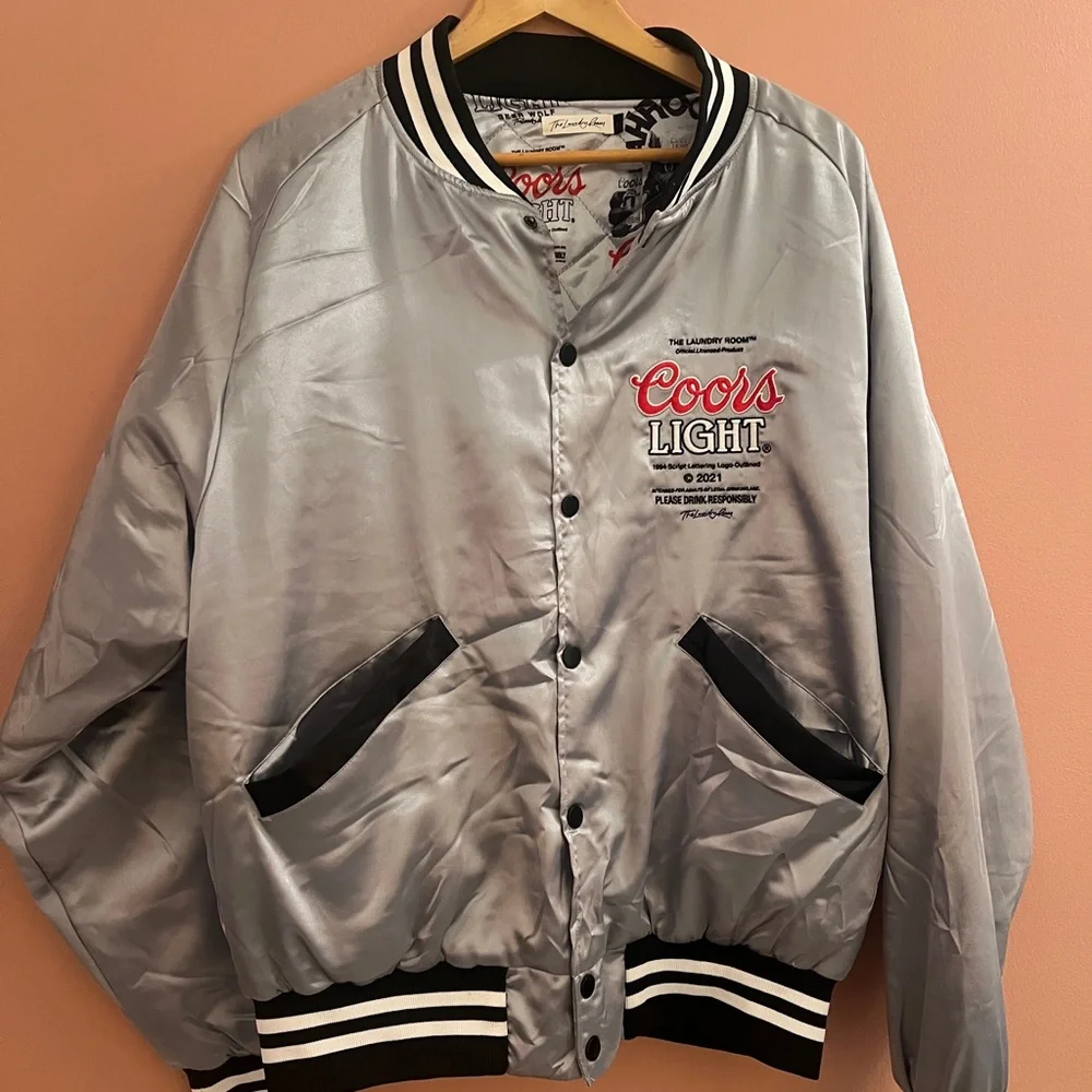 The Laundry Room x Coors Light Retro Silver Satin Bomber Jacket. Unisex. Large. - Picture 1 of 7